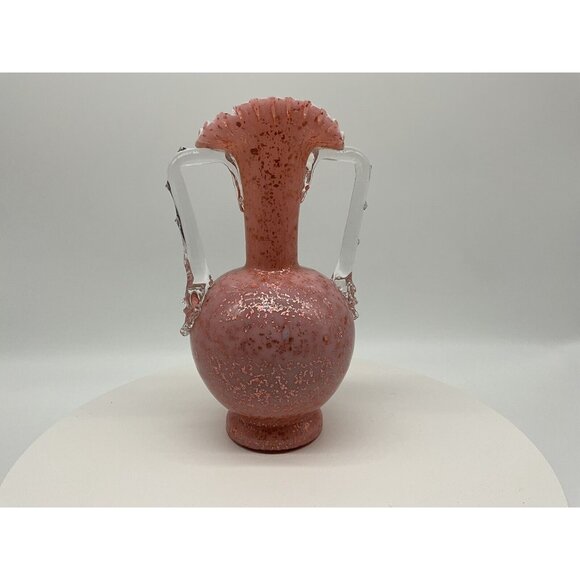 Stevens And Williams VTG Pink Cased Glass Blown Vase w/Thorn Handles Mica Flakes - Picture 10 of 16